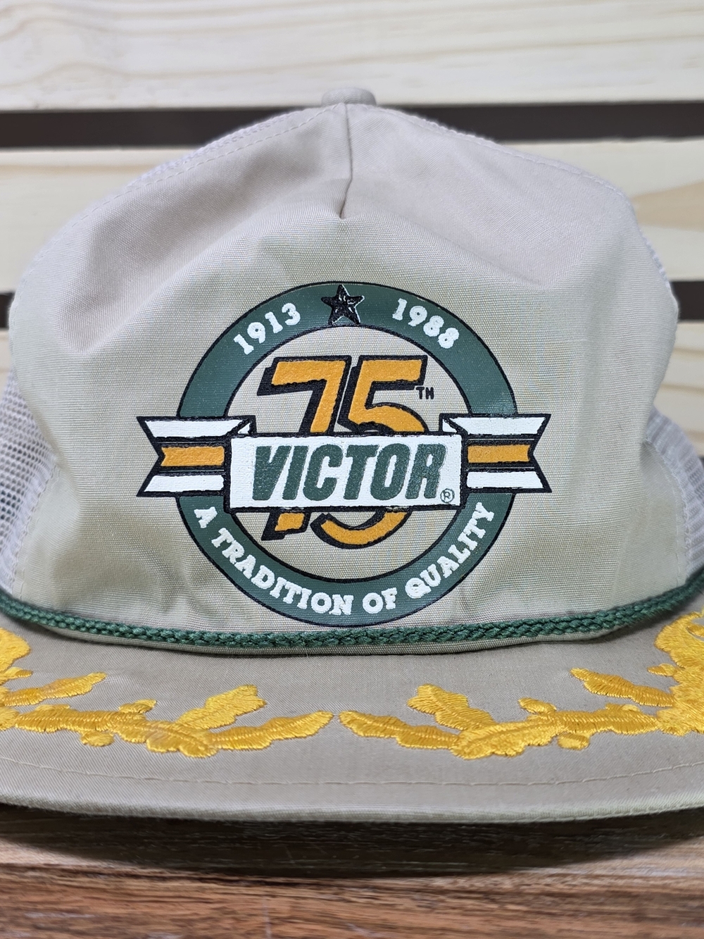 Victor 75th Anniversary Trucker Hat - Beige with Green & Yellow Embroidery